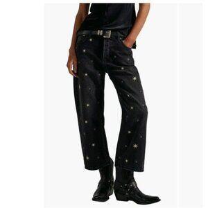 Free People Deep Trance Embroidered Boyfriend Jeans Womens 27 Rocker Punk Y2K